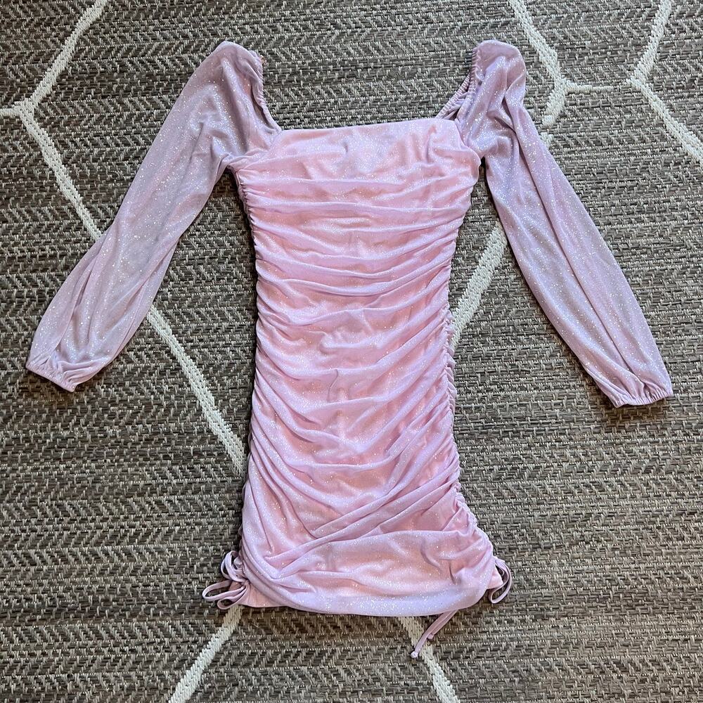 Jump Glitter Square Neck Ruched Long Sleeves Dress Sz M